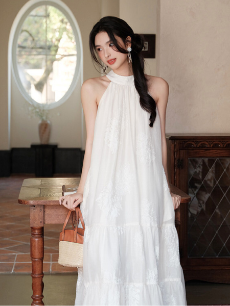 halter neck back ribbon tiered long one piece – Areumdaum