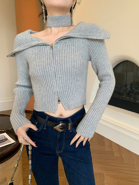 double zipper big collar choker knit tops