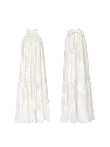 halter neck back ribbon tiered long one piece – Areumdaum
