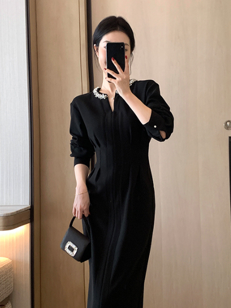 bijou v neck tight black dress