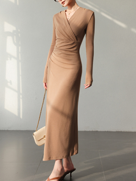 v neck cross long sleeve waist dress