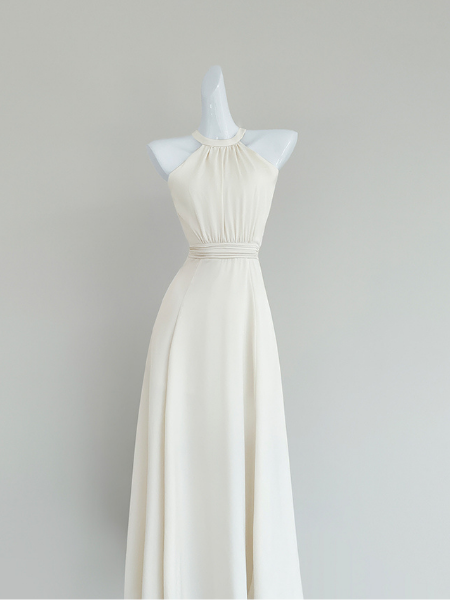 halter neck back ribbon long dress