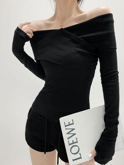 cross shoulder slim fit long sleeve tops