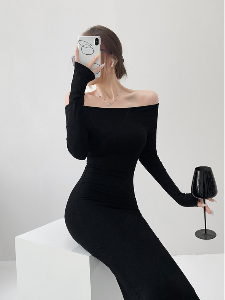 off shoulder long sleeve fit long dress