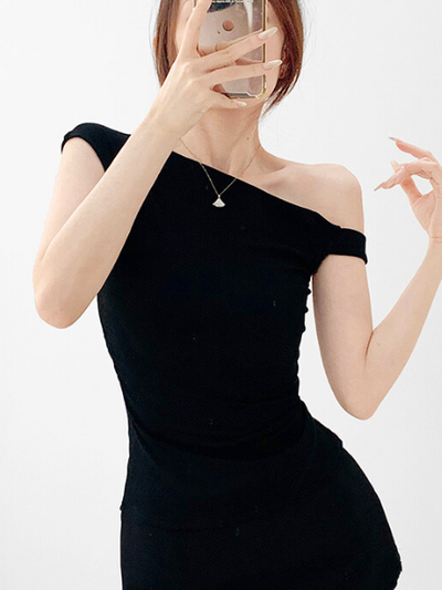 one shoulder french sleeve short tops