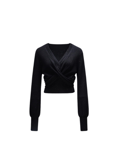 glitter v neck long sleeve cross tops