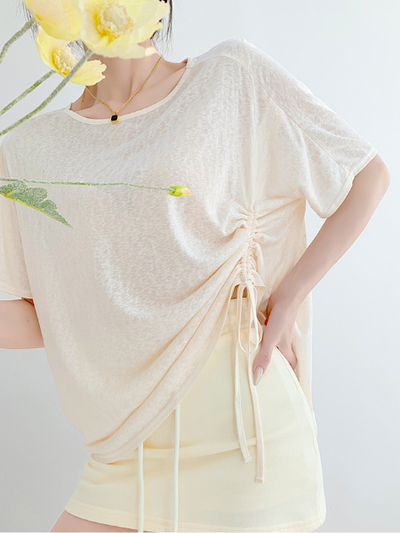 casual loose round neck side gather tops