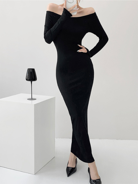 off shoulder long sleeve fit long dress