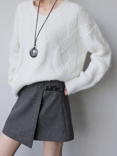 dark gray high end wool belt skirt