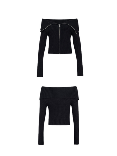 double zipper big collar choker knit tops