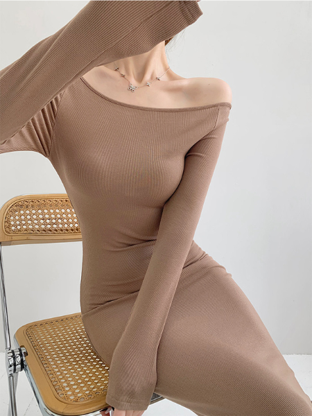 off shoulder long sleeve fit long dress