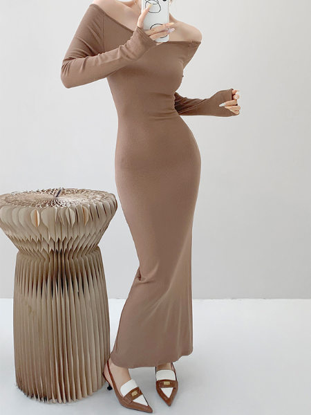 off shoulder long sleeve fit long dress