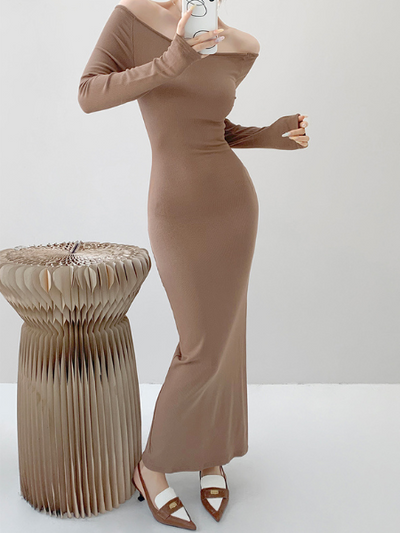 off shoulder long sleeve fit long dress