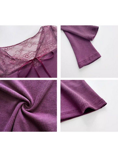lace ribbon slim rib knit tops