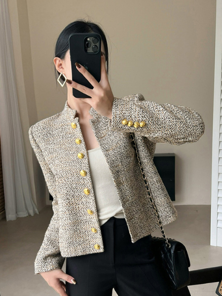 high end gold button tweed short jacket