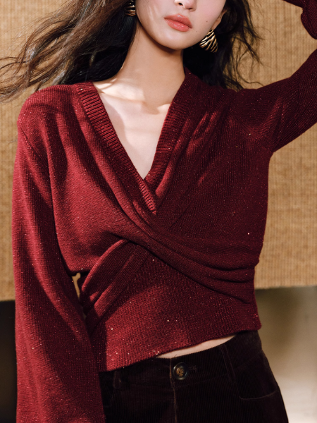 glitter v neck long sleeve cross tops