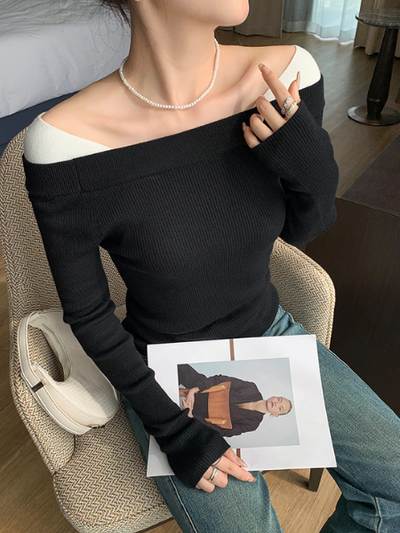off shoulder bicolor knit tops