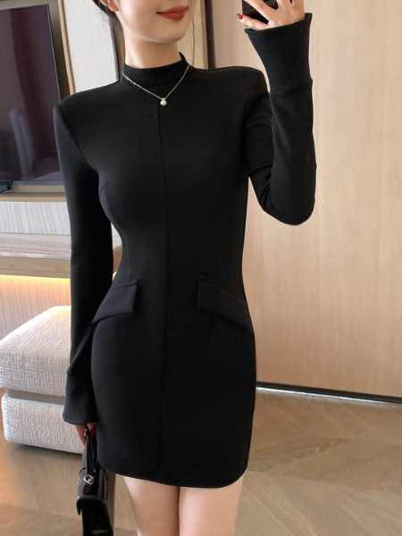 high neck fit black mini dress
