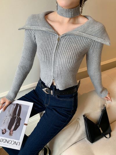 double zipper big collar choker knit tops