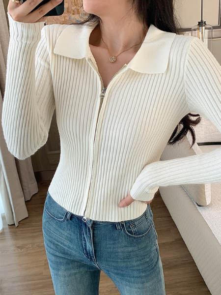 double zipper white collar knit cardigan