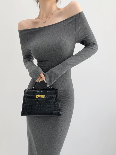 off shoulder long sleeve fit long dress