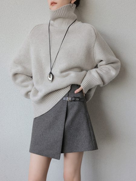 dark gray high end wool belt skirt