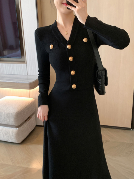 gold button waist slim flare long dress