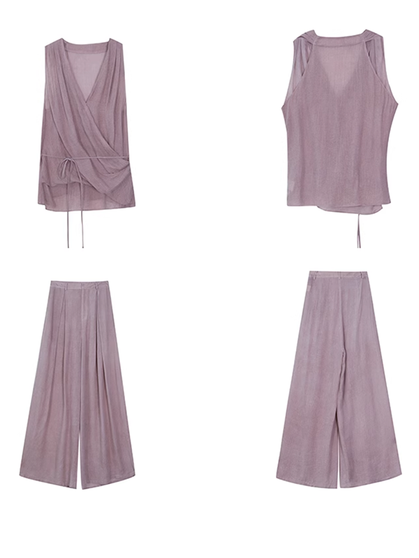 light purple sleeveless tops and wide pants set up