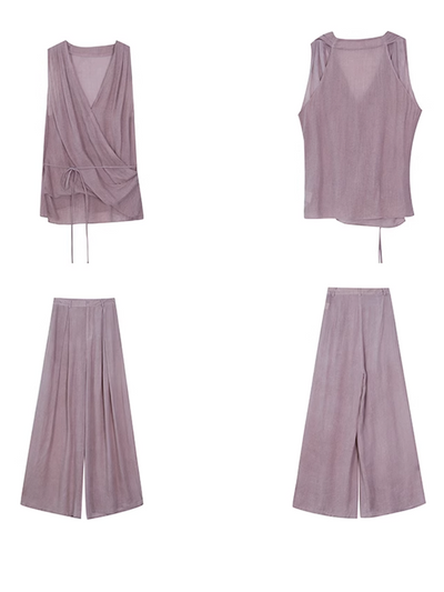light purple sleeveless tops and wide pants set up