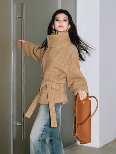 stand collar belt short coat