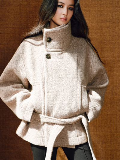 stand collar belt short coat