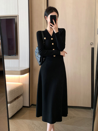 gold button waist slim flare long dress