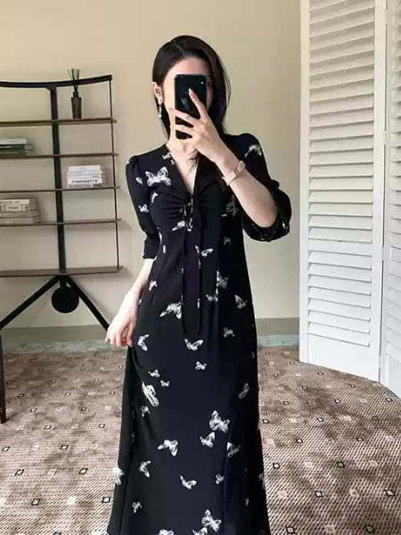 butterfly satin black long one piece