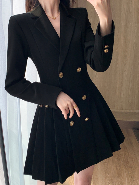 gold button black suit mini dress