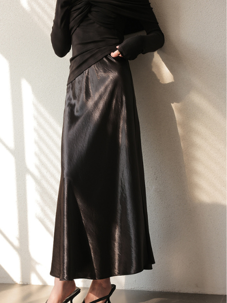 drape satin high waist long skirt