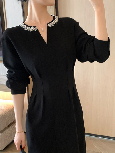 bijou v neck tight black dress