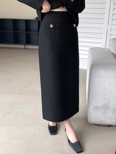 gold button jacket long skirt set up