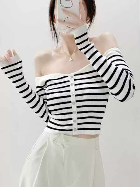 stripe button off shoulder tops