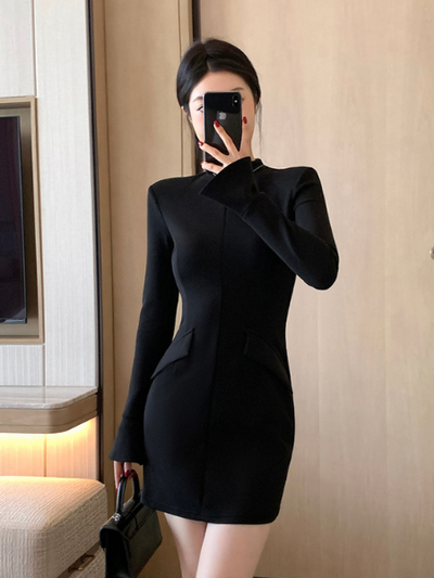 high neck fit black mini dress