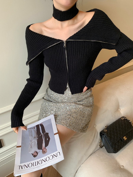 double zipper big collar choker knit tops