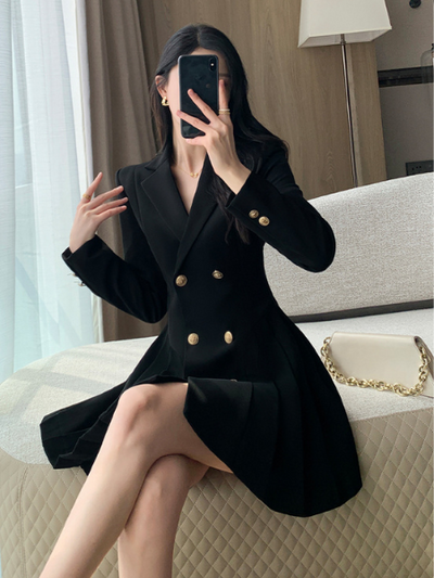 gold button black suit mini dress