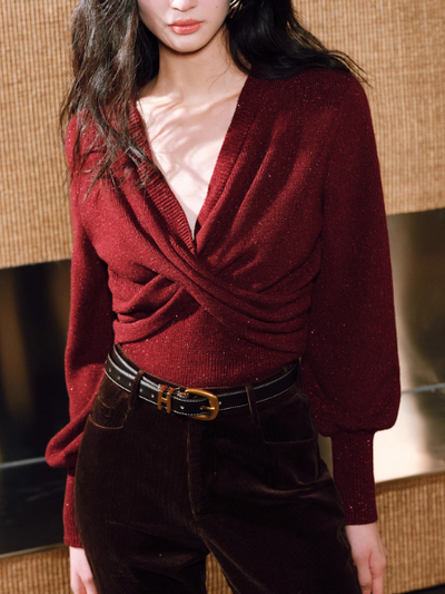 glitter v neck long sleeve cross tops