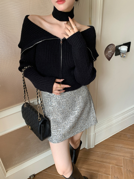 double zipper big collar choker knit tops