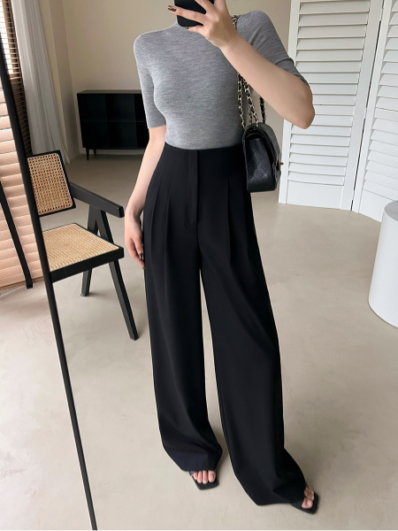 high waist black straight tuck pants