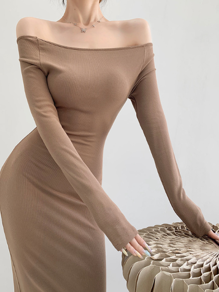 off shoulder long sleeve fit long dress