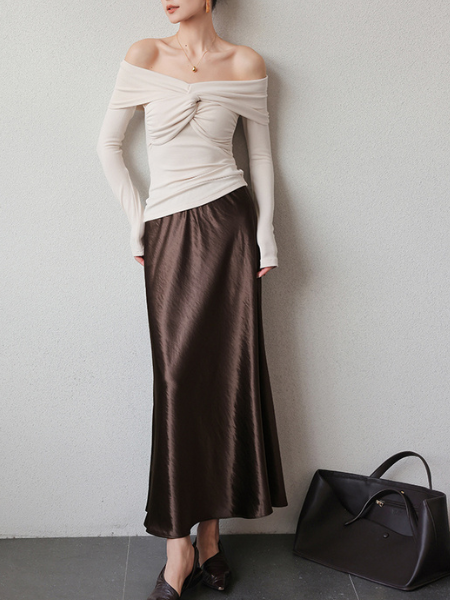 drape satin high waist long skirt