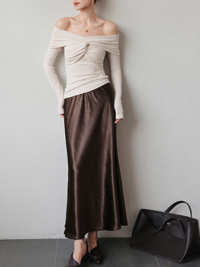 drape satin high waist long skirt