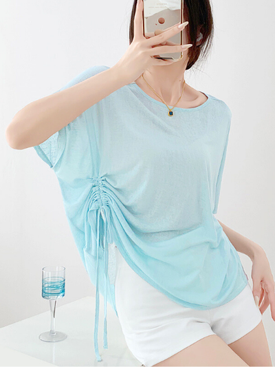 casual loose round neck side gather tops
