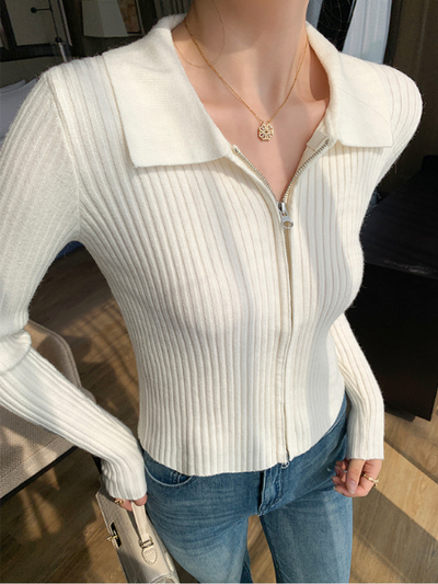 double zipper white collar knit cardigan