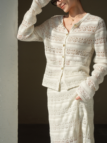 lace cardigan and tight skirt setup